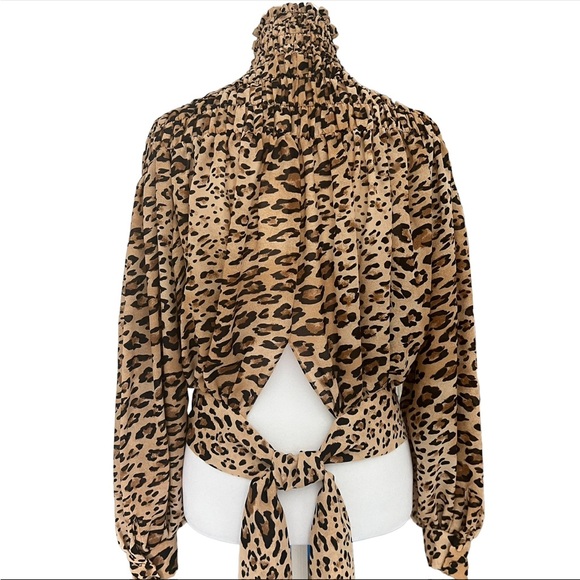 FRAME SMOCKED CHEETAH BLOUSE TIE BACK TOP in CAMEL MULTI - Picture 5 of 9